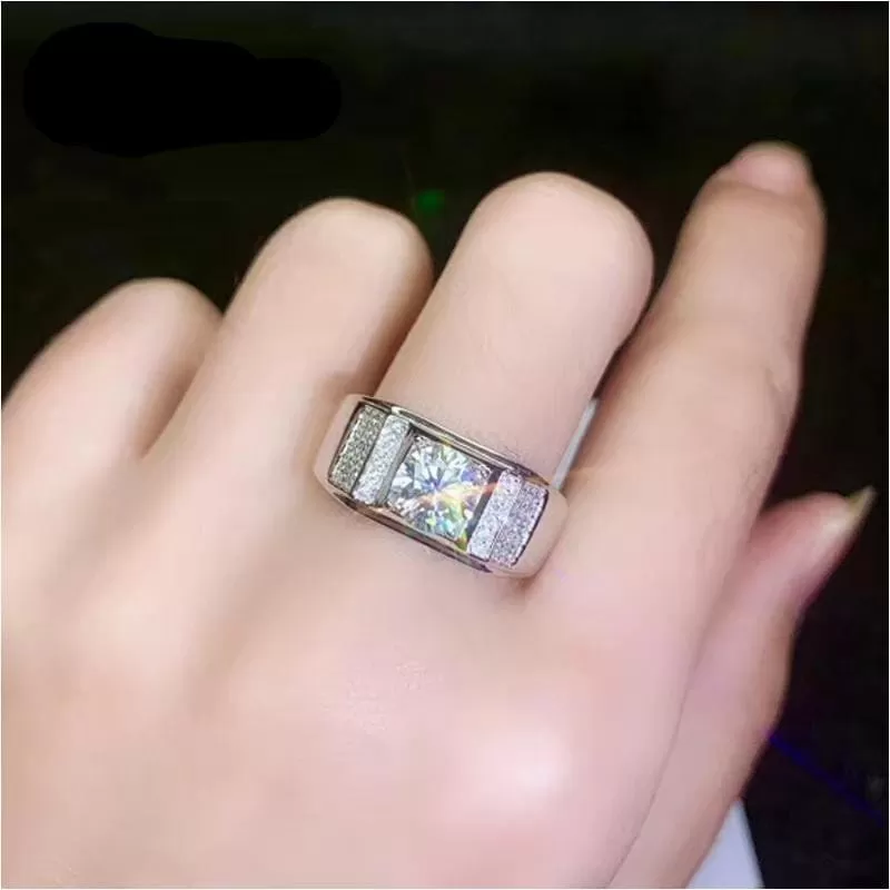 Wide Band White Gold Plated Moissanite Ring 1ct Center Stone